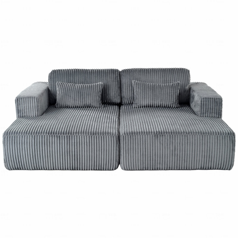 Sectional Sofa Bed, Corduroy 2-Seater  With 2 Throw Pillows, Gray Polyester
