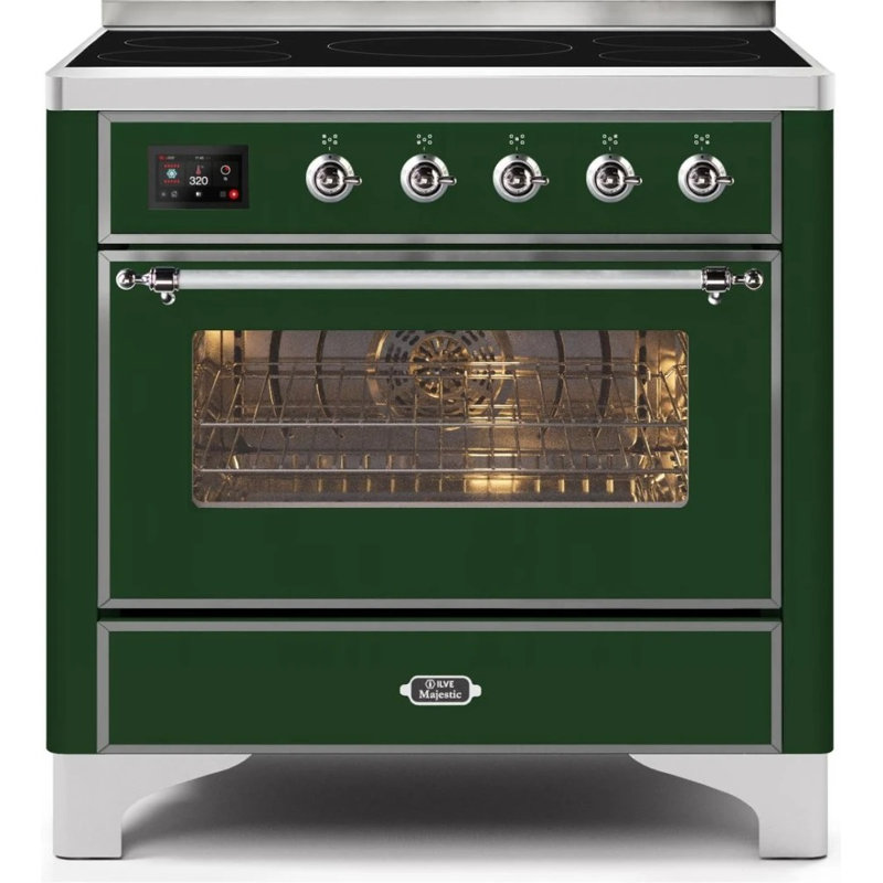 Cuisinière à induction 36 pouces avec 5 éléments à induction ILVE Majestic II Series (porte en verre), Vert émeraude / chrome