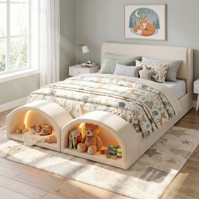 Falkner Modern Pet-Friendly Scratch-Resistant Fabric Upholstered Platform Bed Frame with Dual Cat Caves, LED Lighted Pet Nests at Footboard, Wood Slat Support, No Box Spring Needed