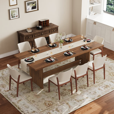 Table de salle à manger rectangulaire de 63 po / 87 po à finition noyer pour 4 à 8 personnes, table de cuisine de ferme moderne, facile à assembler pour la salle à manger, la cuisine et le salon