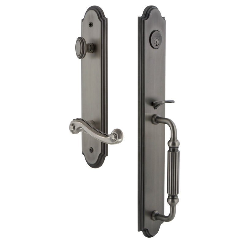 Arc Handleset with Deadbolt and Newport Door Lever and Rosette, 2.375", Antique Pewter, Right