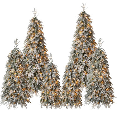 Ensemble de 6 sapins de Noël enneigés en cascade, sapins pleureurs floqués préilluminés avec télécommande, sapins de Noël fins de 1,20 m, 1,50 m et 1,80 m avec 8 modes d'éclairage pour la décoration intérieure des fêtes