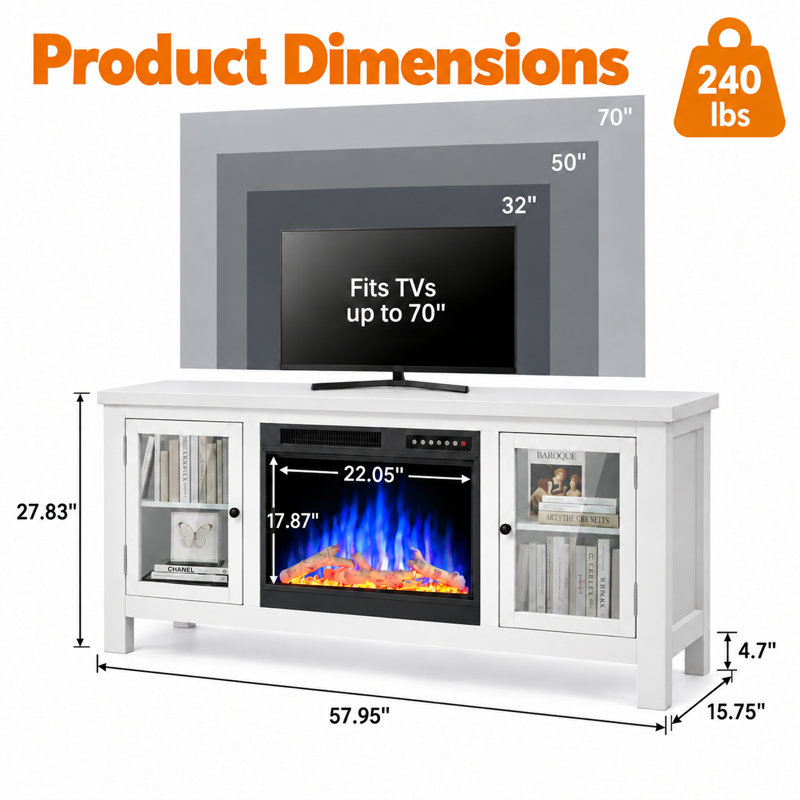 Meuble télé avec foyer 57 po pour téléviseur de 65 po ou moins, 5100 BTU avec console multimédia à DEL 16 couleurs et lit de braise, télécommande