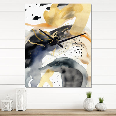 Pastel Abstract With Black & Gold Spots I - Fractals Modern Wall Clock