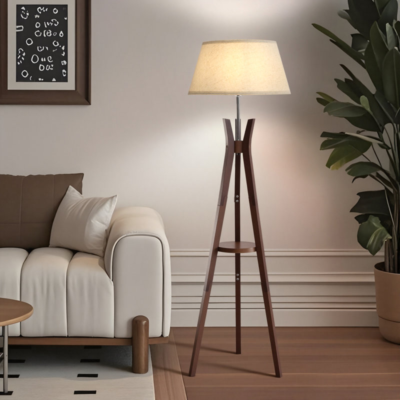 Mid-century Bamboo Tripod Floor Lamp With Side Tray, Walnut