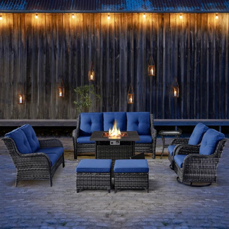 7 - Person Outdoor Seating Group with Fire Pit with Cushions, Blue