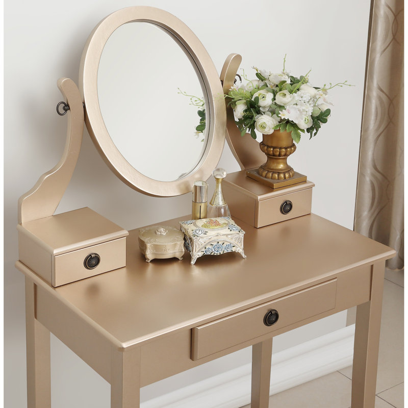 Sparkling Gold Makeup Vanity Table And Stool, 3 Drawers, Adjustable Mirror Fancy Storage, Gold
