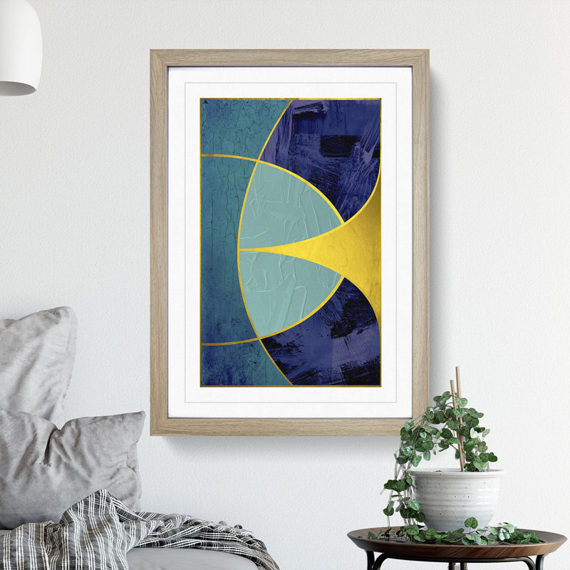 Sweeping Forms Blue Gold - Picture Frame Graphic Art, 90cm H x 65cm W x 2cm D, Oak Framed