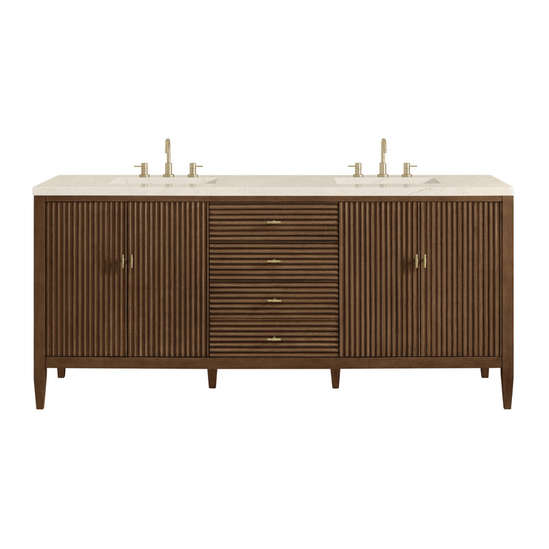 Myrrin 72'' W Double Vanity, Mid-Century Walnut, White Zeus, 8" Widespread