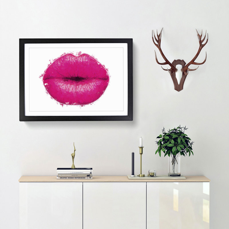 Hot Pink Lips in Abstract - Picture Frame Painting Print, 62cm H x 87cm W x 2cm D, Black Framed