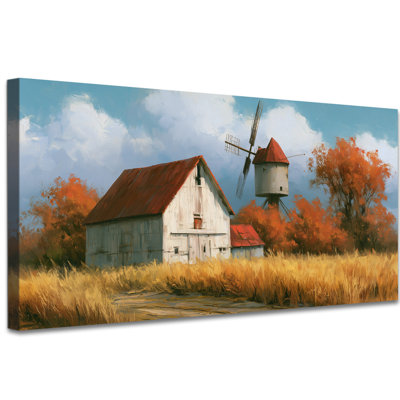  Fall Barn Pictures Wall Art Farmhouse Rustic Autumn Landscape Canvas Prints, Vintage Windmill Harvest Artwork Decor Serene Countryside Painting for Living Room Bedroom Thanksgiving Home, 12x24 inches