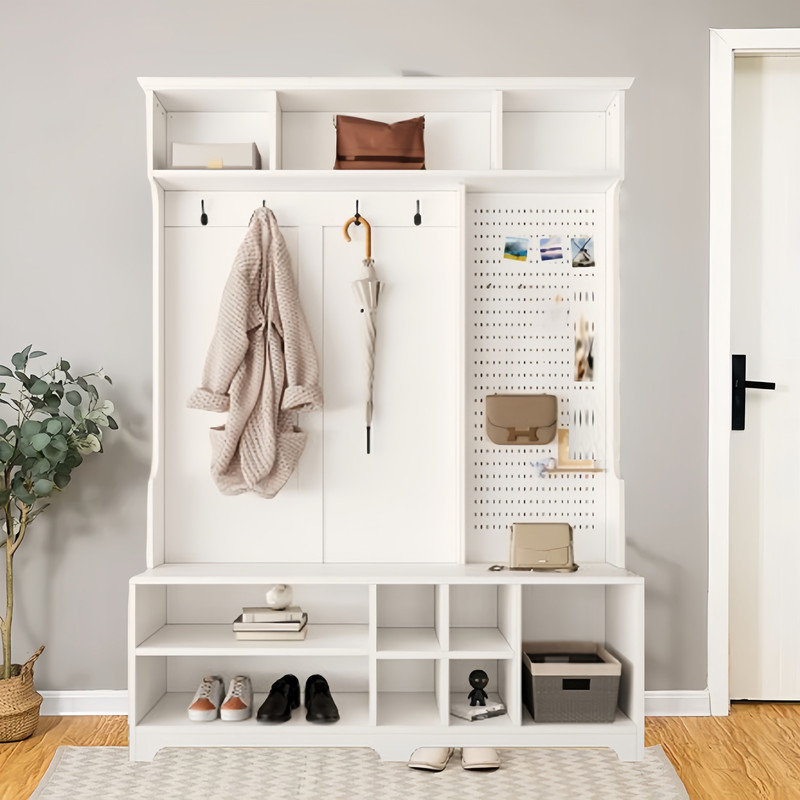 Hall Tree with Shoe Bench and Pegboard, White