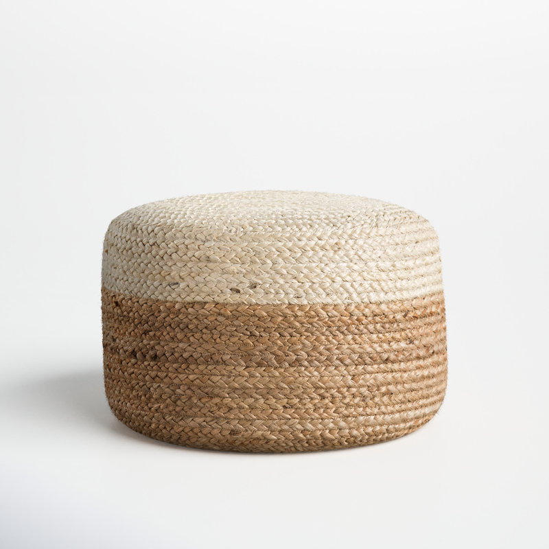 Teele 18" Wide Round Pouf Ottoman, White Natural Fibers