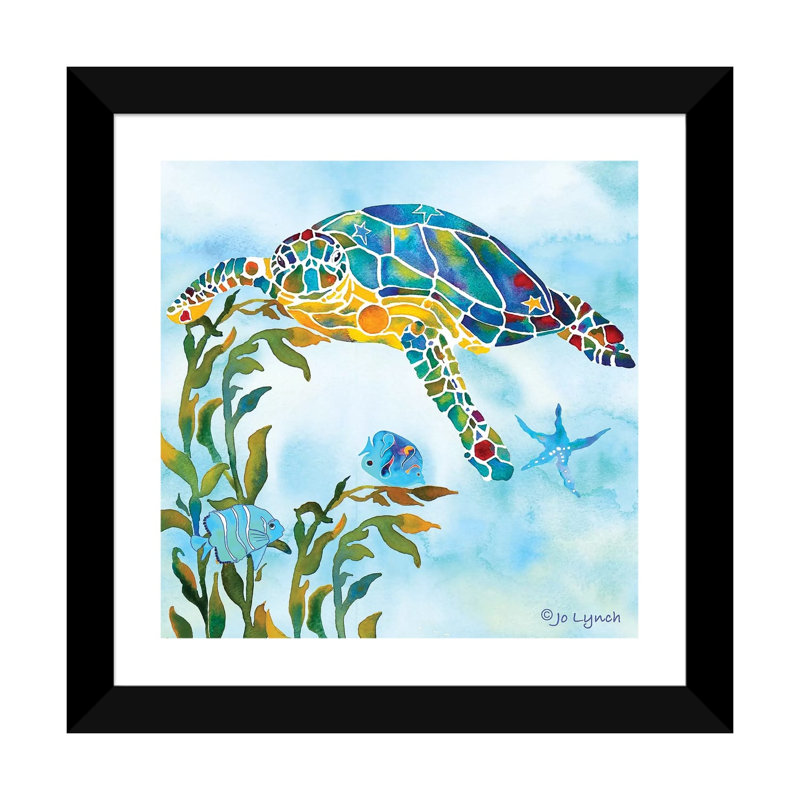 Tortue de mer, varech par Jo Lynch - reproduction, H 16 po x l 16 po x P 1 po, Papier encadré noir, Blanc
