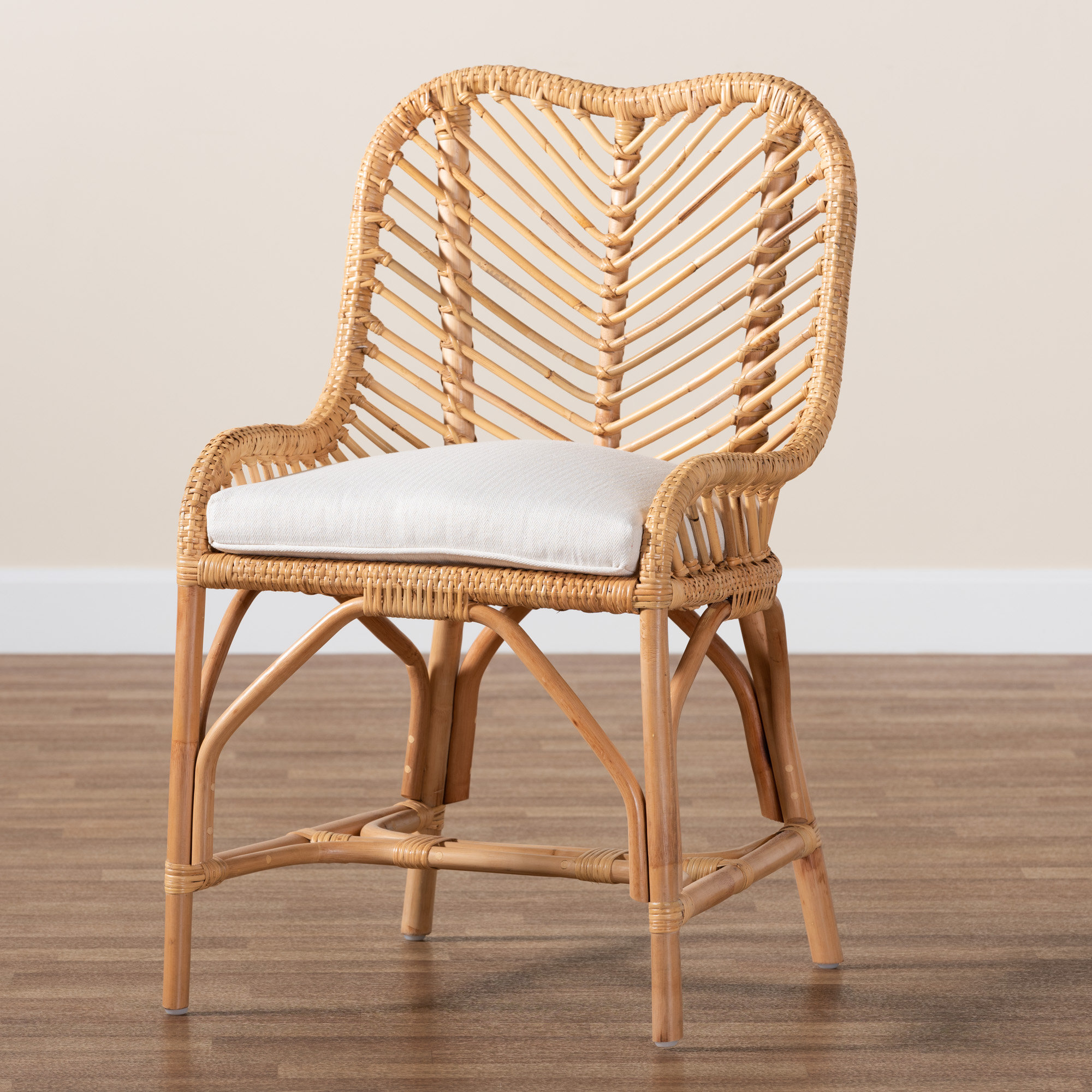 Boho Chic Bamboo Rattan Side Chair With Circular Brown Seat Cushion