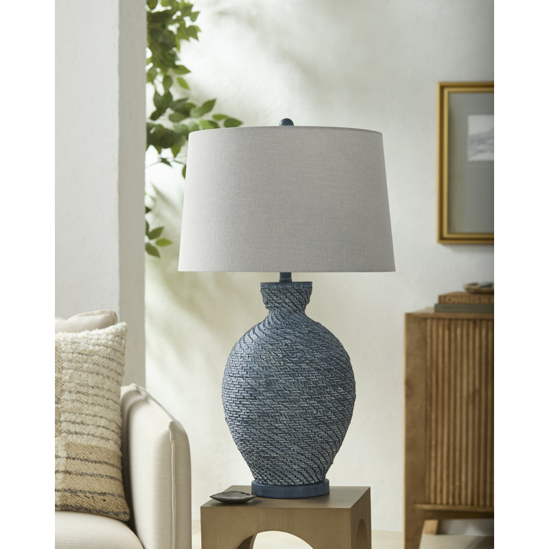 Clarece Wicker/Rattan Table Lamp, Blue