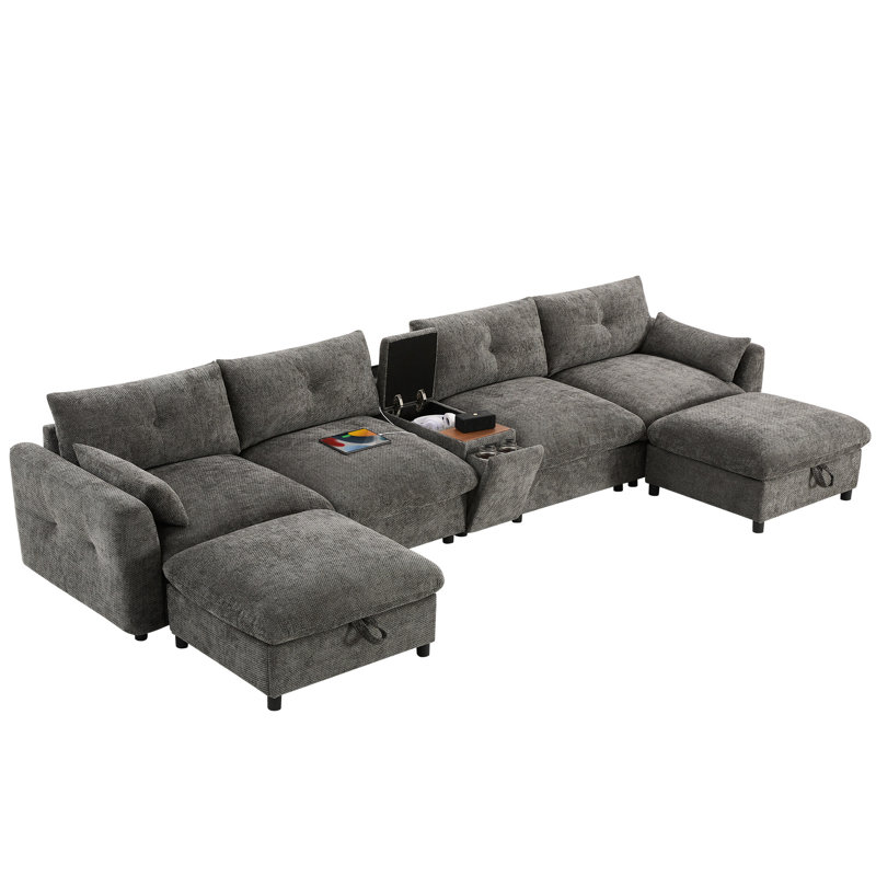 Canapé modulaire de 136 po avec console, porte-gobelet, câblé et sans fil, deux repose-pieds de rangement mobiles, siège de 30 po, conception à tirette, chenille pour la maison fonctionnelle et résidentielle