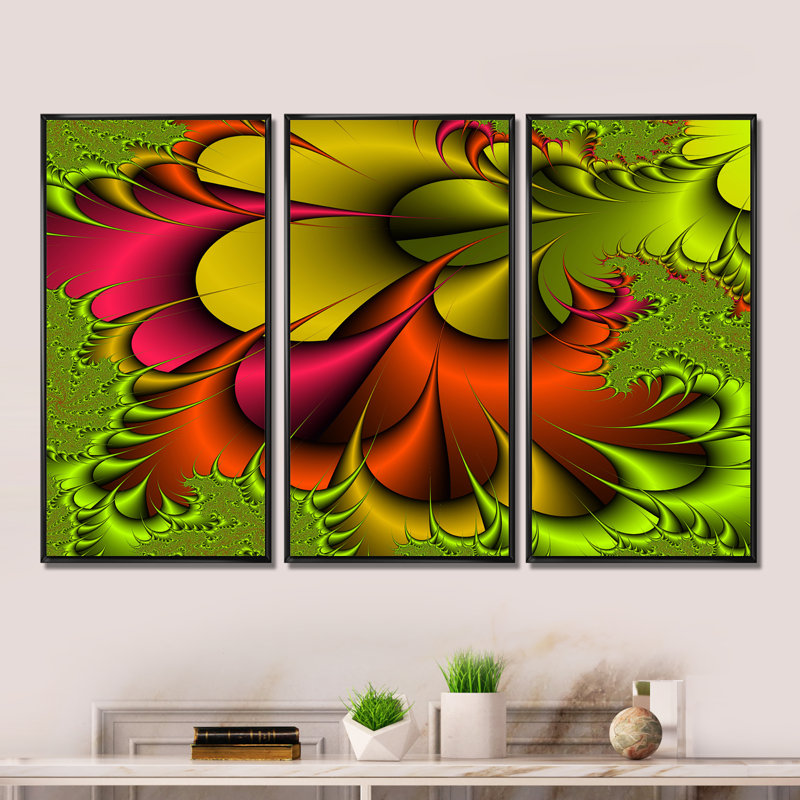 «Green and Red Abstract Digital Flowers», reproduction de cadre flottant sur toile, 3 pièces, H 28 po x l 36 po x P 1 po