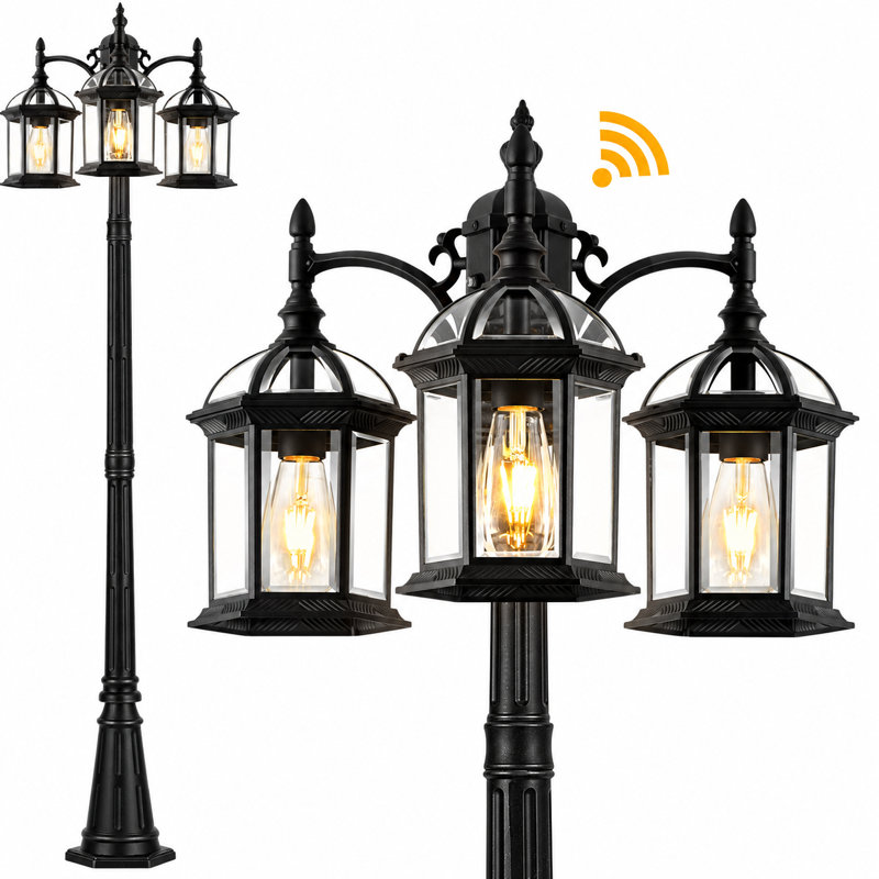 3-Light Dusk-to-Dawn Black Hardwired Outdoor Lamp Post