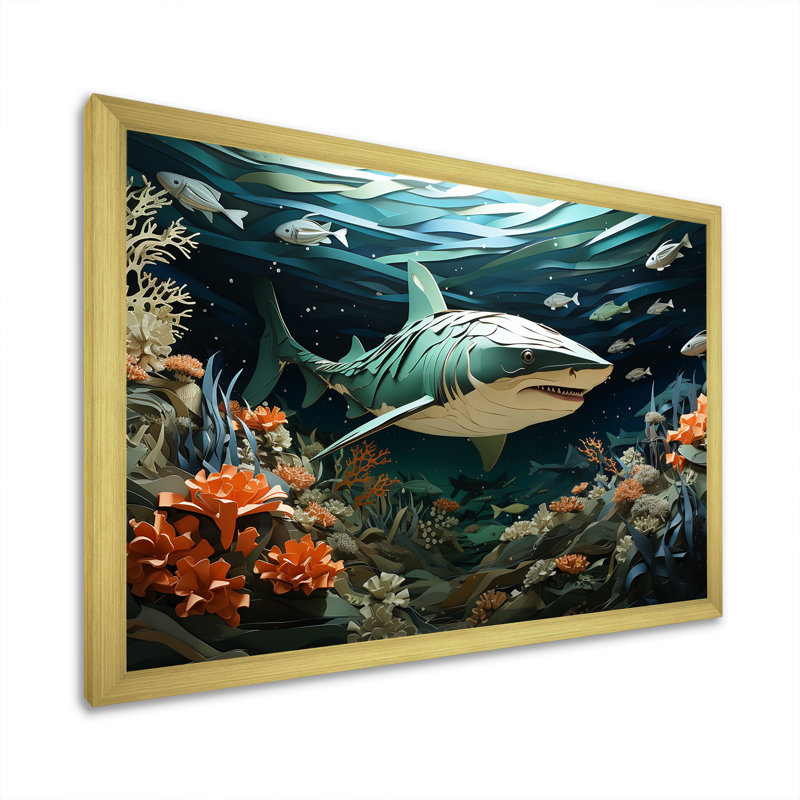 " Coral And Sharks Collage Symetry II ", Gold Single Picture Framed, 16" H x 32" W x 1" D
