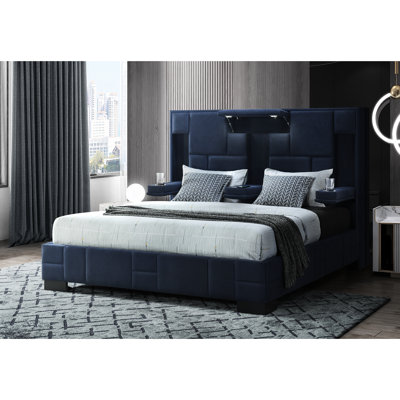 Modern Navy Blue King Bed With , Built - In Speakers, Wireless Charging And Reading Lights Panel Contemporary Style, Fold Down