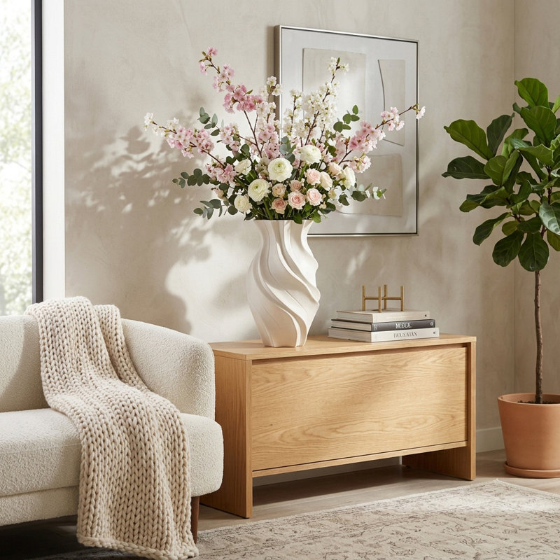 Decorative Wavy Ceramic Accent Table Vase for Home Decor - Tall Flower Vase for Living Room Display with Sculpted Design - 20", Ivory & Tan