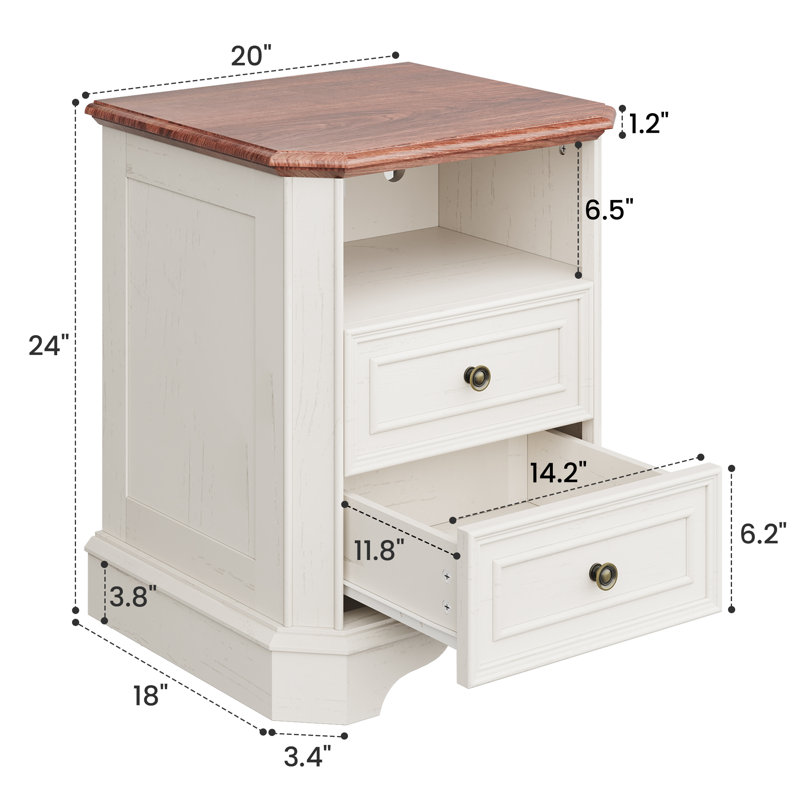 Set of 2  24" Traditional Nightstand with Charging Station with Open Storage Shelf, Set of 2, Distressed White