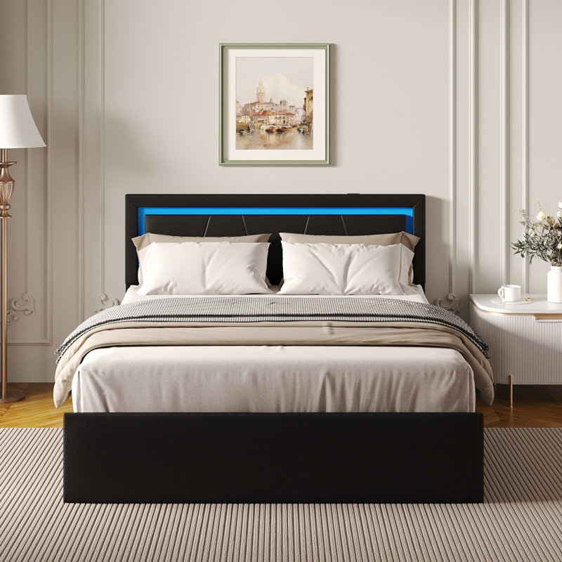 Full Bed Frame With 4 Storage Drawers, Led Lights And Usb Ports, Upholstered Platform Bed Solid Wooden Slats Support, Black