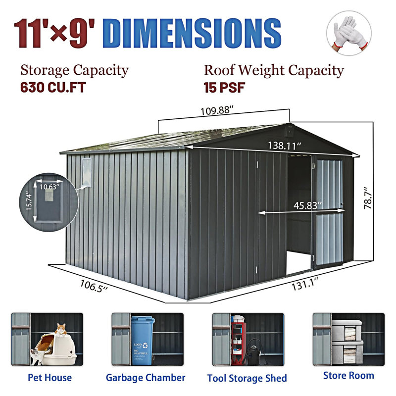 Backyard Storage Shed With Galvanized Steel Frame And Windows, Dark Grey