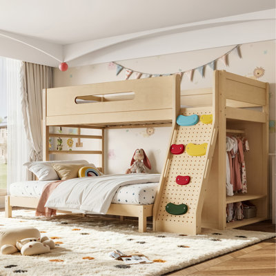 Lit simple superposé simple au-dessus de grand lit avec garde-robe et espaces de rangement intégrés, lit superposé en bois massif avec garde-corps, escalade enfantine et lattes améliorées, naturel
