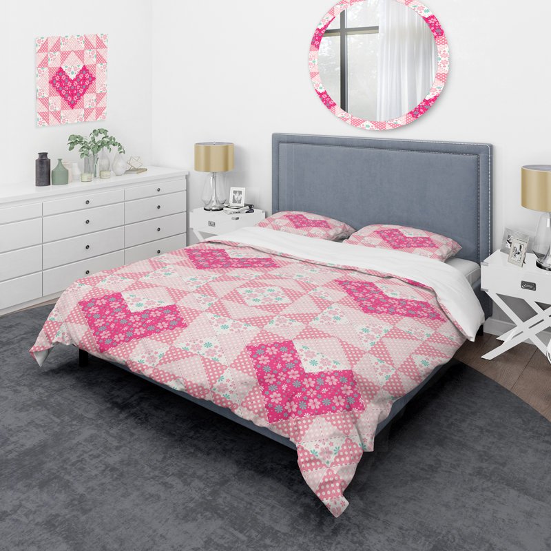 Ensemble de housse de couette à motif patchwork rose, Housse de couette pour très grand lit et 2 très