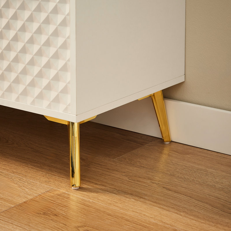 Commode blanche à trois tiroirs avec pieds réglables, structure en alliage d'aluminium et amplement de rangement pour les portes en verre trempé, façades géométriques uniques - l 31,5 po x l 15,7 po x H 37,6 po