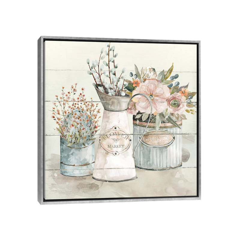 "Shiplap Flower Market" par Carol Robinson, reproduction d’art, Toile avec cadre argenté, Pas de tapis