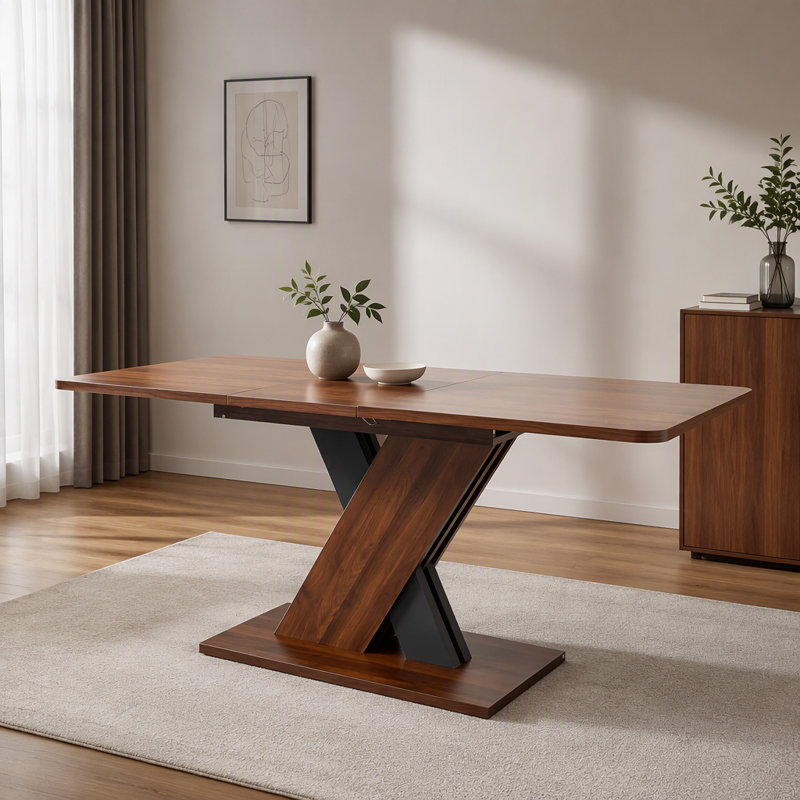 Cet ensemble de tables et chaises de salle à manger présente un design moderne et élégant, qui rehausse son esthétique. La table est dotée d'un piètement robuste en forme de X décalé, qui met en valeur sa beauté géométrique.