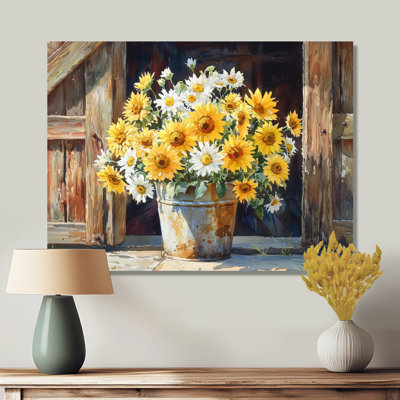 «Summer Daisies Bouquet At The Barn II» - marguerites, art mural en métal, reproduction d'art traditionnelle en métal