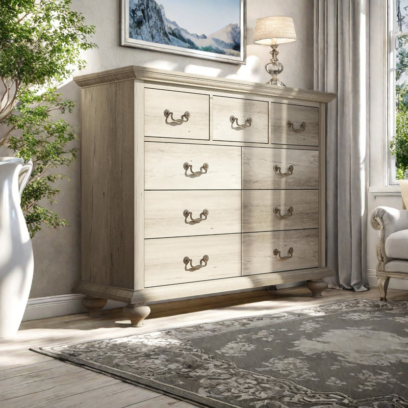 9 Drawer Dresser For Bedroom, Tall Dresser With Wide Drawers & Ornately Carved Metal Handles, Gray