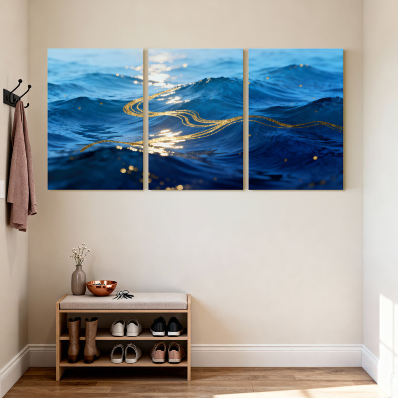 Ensemble de 3 impressions sur toile Blue Ocean Waves With Golden Sparkles, 18" H x 36" W