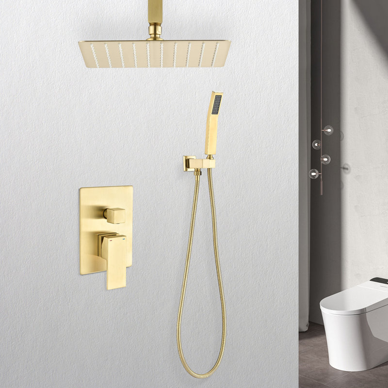 Brushed Gold Ceiling Shower System With 10" Head & Handheld For Bathroom - Mounted In