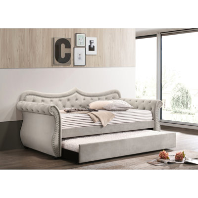 Lit de jour simple avec lit gigogne en lin beige, entièrement rembourré, pieds en bois, capitonnage à boutons et garniture cloutée, version avec poids de 330 lb, détails de garniture en bois, matelas non