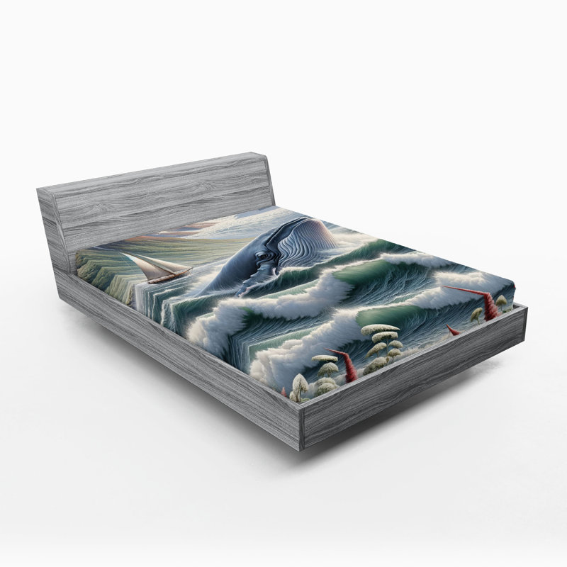 Drap-housse nautique Ambesonne_ Montagnes de baleines et bateau_ Bleu-vert et rubis, Drap-housse de taille très grand