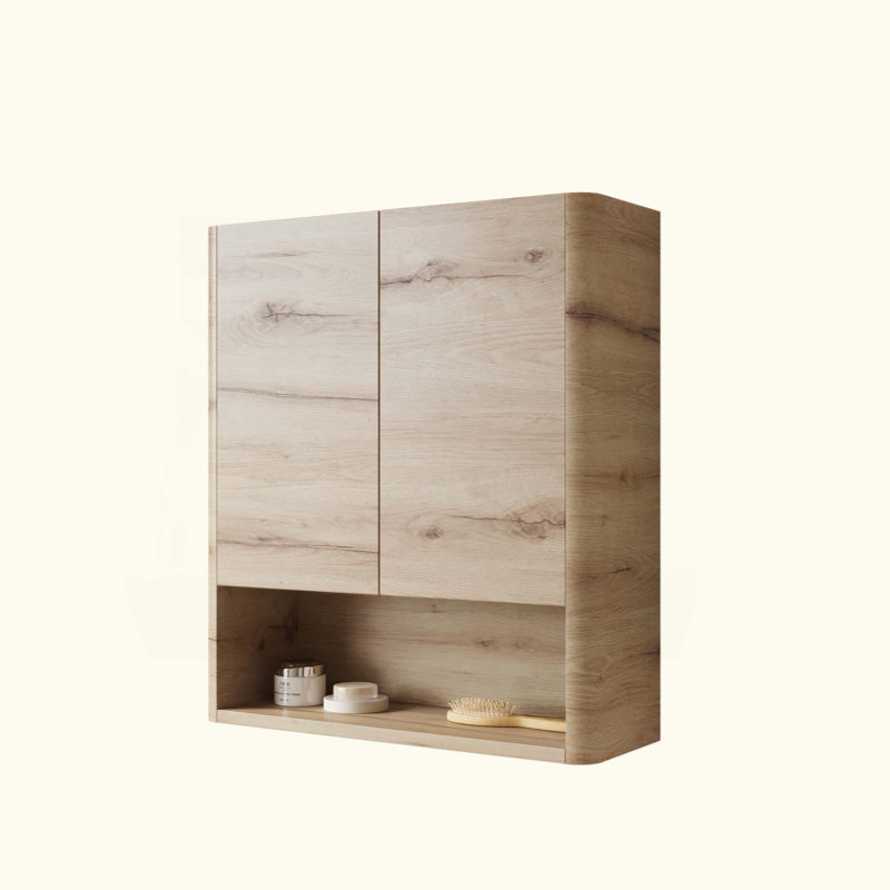 Wall-Mounted Over-the-Toilet Storage Cabinet – Doors, Shelf & Open Compartment for Bathroom/Kitchen/Laundry Room, White Oak