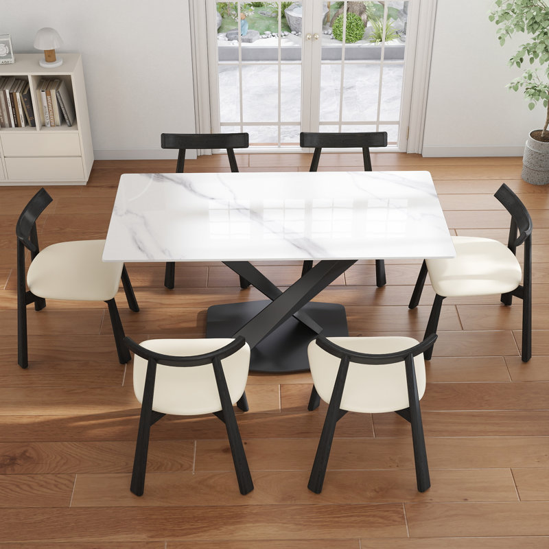 Ensemble de table de salle à manger 7 pièces 7 pièces avec 6 chaises en similicuir, Beige/noir, Blanc neige