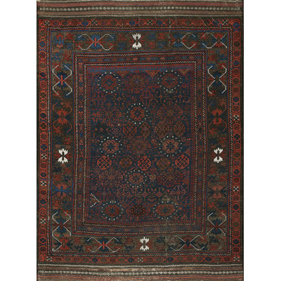 Rectangle Hand Knotted Pile Allover Geometric 1890s Wool Blue Antique Rug