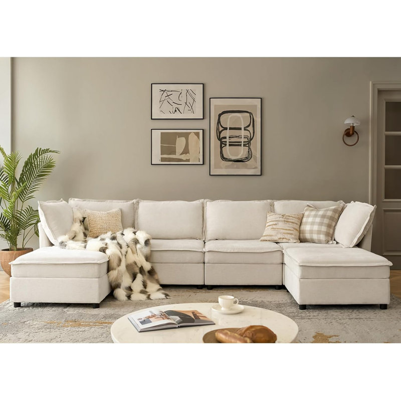 1 ensemble de canapé modulaire en bois avec revêtement en tissu Snowin, couleur blanc pâle, canapé modulaire Cloud MCS-01, pieds de canapé Cloud