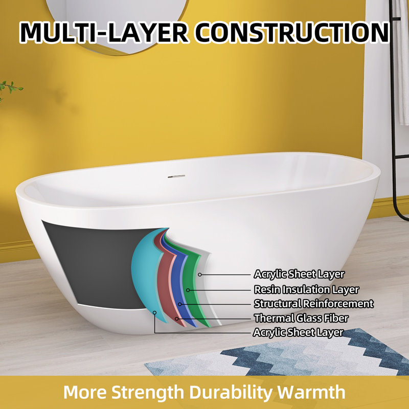 65 Inch Freestanding Soaking Acrylic Bathtub with Integrated Slotted Overflow and Chrome Anti-clogging Drain, Glossy White