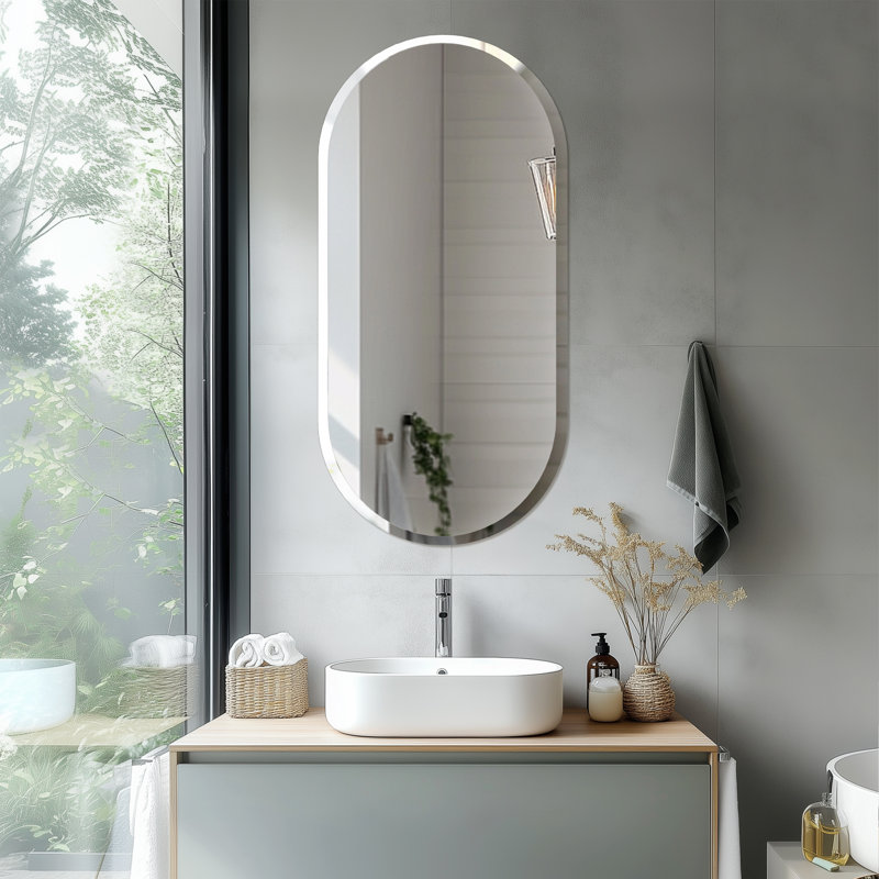Long Oval Wall Hanging Glass Mirror With Beveled Edge Vanity Mirror For Bathroom, 39.3"H x 20"W