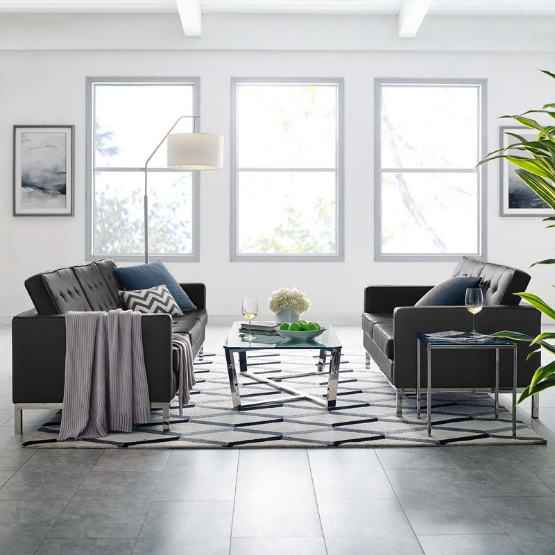 Upholstered 123'' Sofa, Black Genuine Leather
