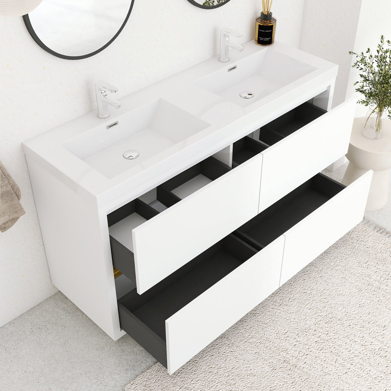 Ensemble de meuble-lavabo double autoportant moderne avec lavabo en résine, Blanc lustré, 59"