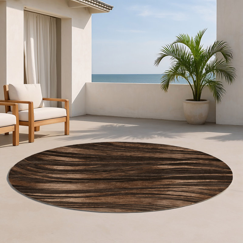 Tapis brun abstrait intérieur et extérieur, Rond 5 pi