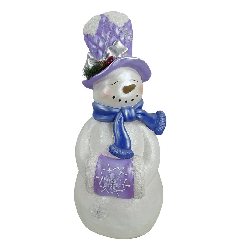 Statue bonhomme de neige blanc lavande avec manchon, lumières DEL scintillantes, H 37 po x l 17 po x P 17 po